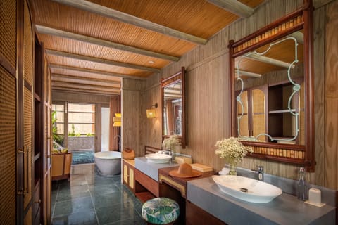 Garden Pool Villa | Bathroom | Rainfall showerhead, designer toiletries, hair dryer, bathrobes