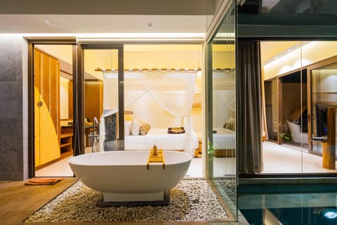 Deluxe Villa, 1 Bedroom, Private Pool | Bathroom | Separate tub and shower, designer toiletries, hair dryer, bathrobes
