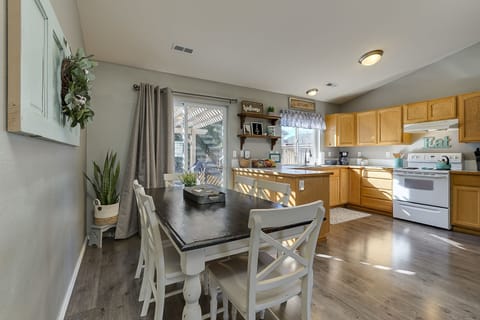 Dining table to seat 6. We also have a high chair and booster seat if needed.