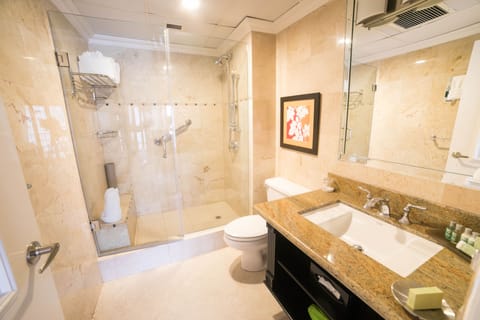 Deluxe Room | Bathroom | Combined shower/tub, designer toiletries, hair dryer, slippers