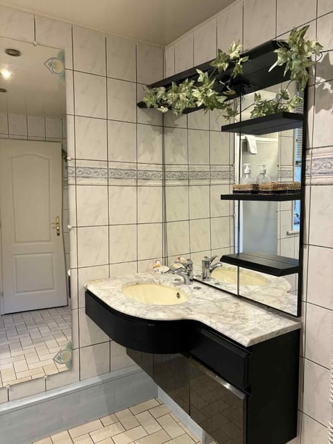 Shower, hair dryer, soap, toilet paper