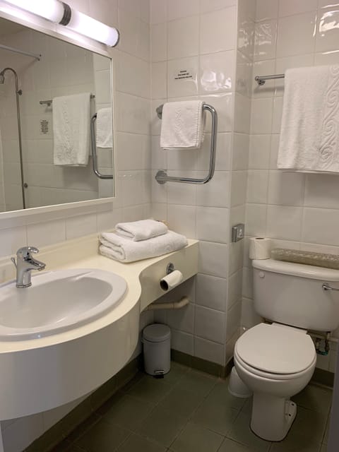 Combined shower/tub, free toiletries, hair dryer, towels