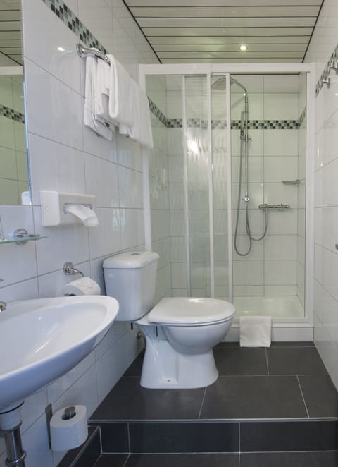 Shower, free toiletries, hair dryer, towels