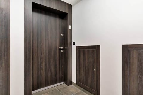 The main entrance to the apartment includes a dark wooden door, complemented by neutral-toned walls and flooring.