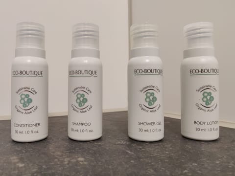 Shower, hydromassage showerhead, free toiletries, hair dryer