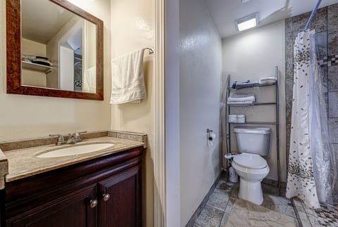 Standard Room, 1 King Bed, Accessible | Bathroom | Combined shower/tub, hair dryer, towels