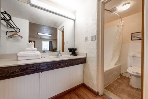 Combined shower/tub, hair dryer, towels