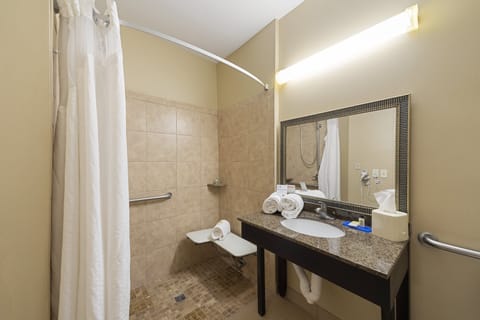 Standard Room, 1 King Bed, Accessible (Roll-In Shower) | Bathroom | Hair dryer, towels