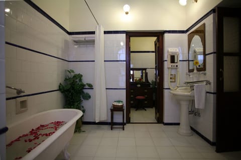 Separate tub and shower, free toiletries, hair dryer, bathrobes