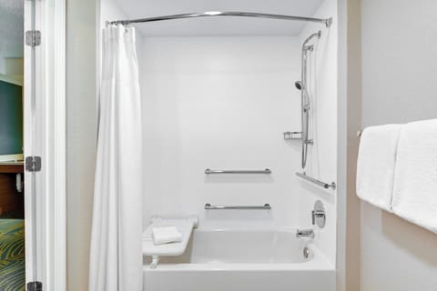 Combined shower/tub, free toiletries, hair dryer, towels