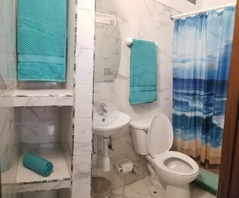 Double Room (Azul) | Bathroom | Shower, rainfall showerhead, soap, toilet paper