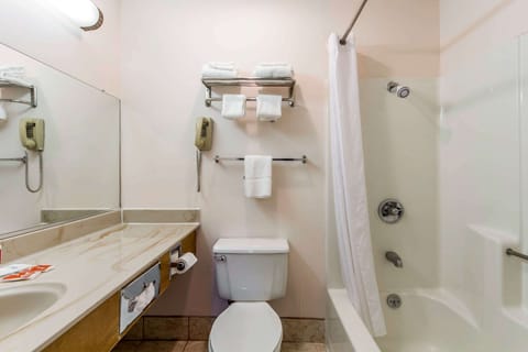 Combined shower/tub, free toiletries, hair dryer, towels