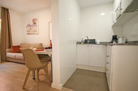 Standard Apartment 4/6 | Private kitchen | Full-size fridge, microwave, stovetop, electric kettle