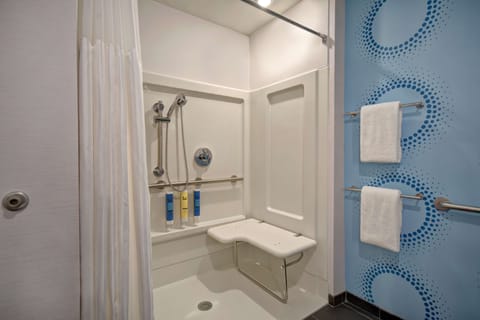 Room, 1 King Bed, Accessible (Mobility & Hearing, Roll-In Shower) | Bathroom | Hair dryer, towels