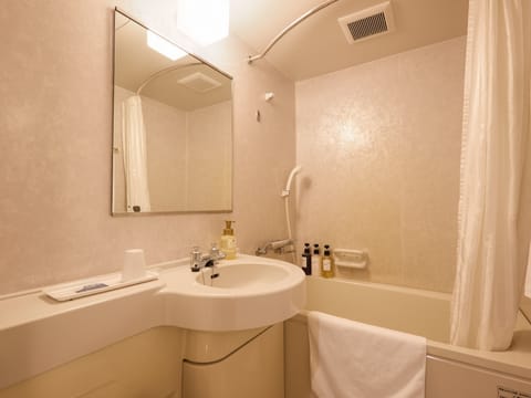 Combined shower/tub, hair dryer, slippers, bidet