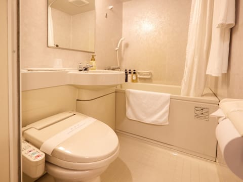 Combined shower/tub, hair dryer, slippers, bidet