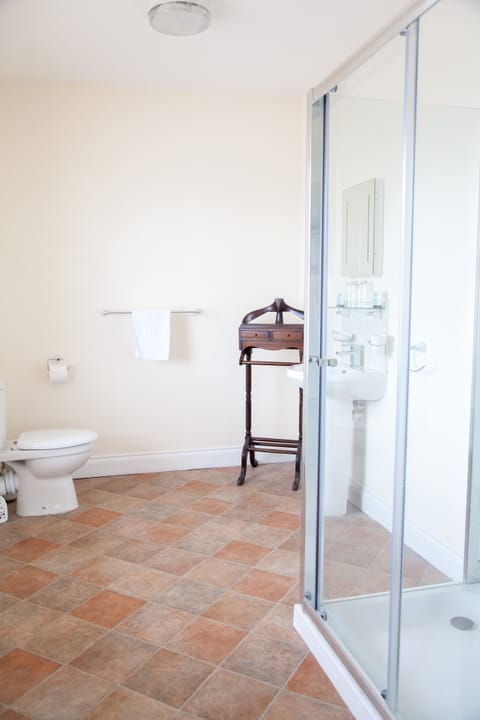 Shower, rainfall showerhead, hair dryer, towels