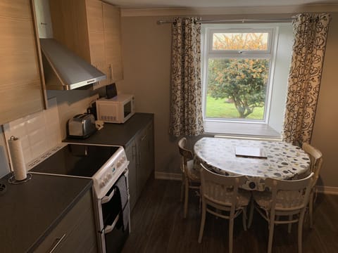 Full-size fridge, microwave, stovetop, toaster