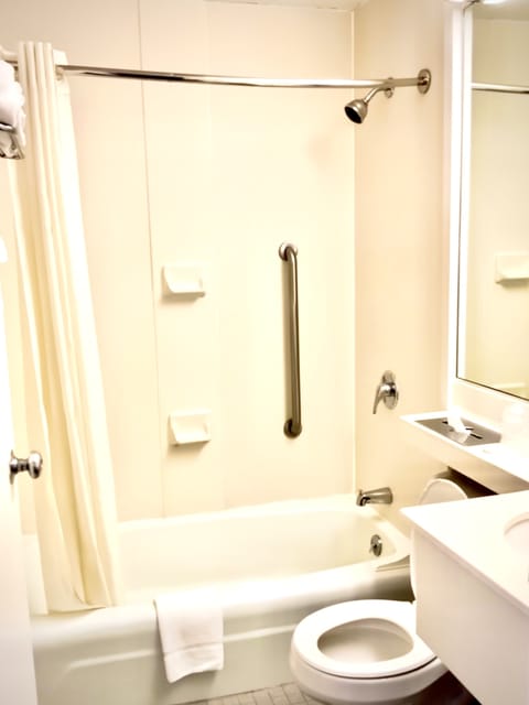 Combined shower/tub, free toiletries, hair dryer, towels