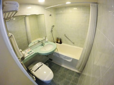 Combined shower/tub, rainfall showerhead, hair dryer, slippers
