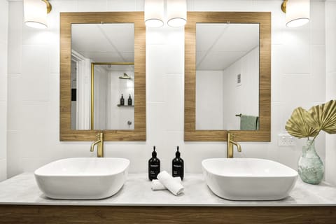 Deluxe King First Floor | Bathroom | Hair dryer, towels, soap, shampoo