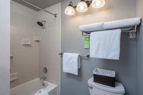 Combined shower/tub, hair dryer, towels