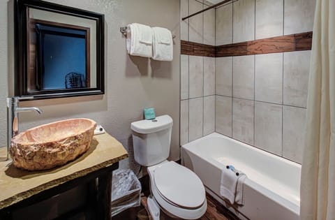 Combined shower/tub, free toiletries, hair dryer, towels