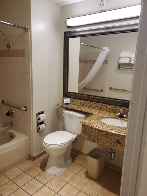 Combined shower/tub, free toiletries, hair dryer, towels