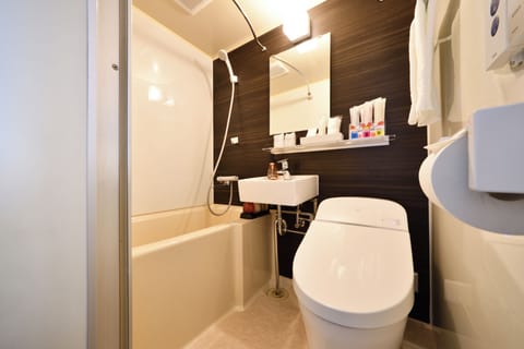 Combined shower/tub, eco-friendly toiletries, hair dryer, slippers