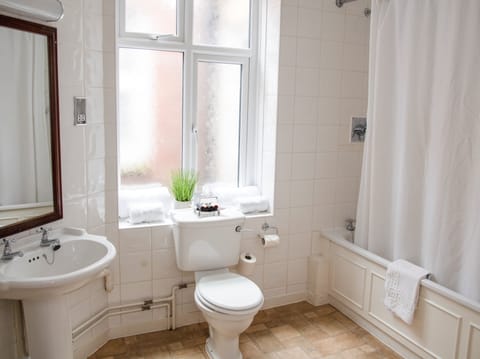 Combined shower/tub, free toiletries, hair dryer, towels