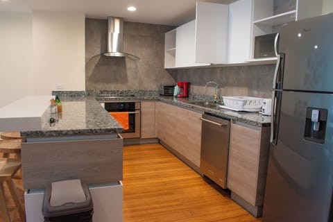 Luxury Loft | Private kitchen | Full-size fridge, microwave, oven, stovetop