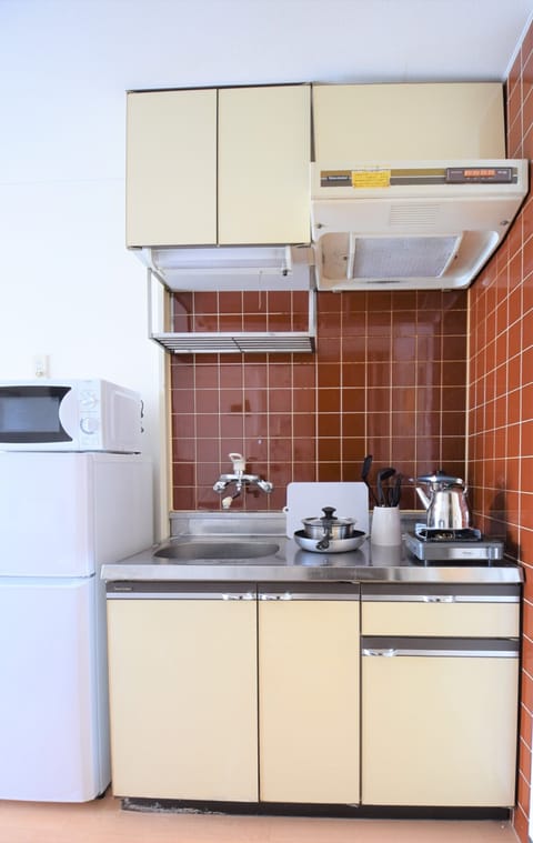 Fridge, microwave, stovetop, electric kettle