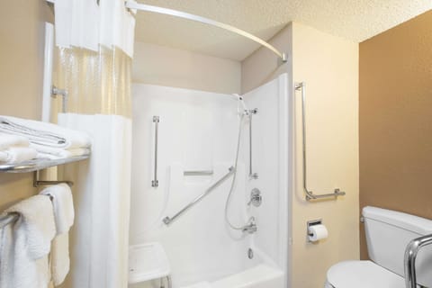 Combined shower/tub, free toiletries, hair dryer, towels