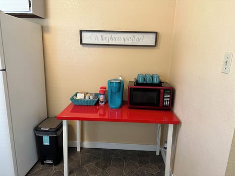 Microwave, kuerig maker, coffee, creamer, tea, hot chocolate & instant oatmeal