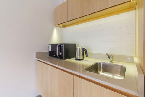 Mini-fridge, microwave, electric kettle