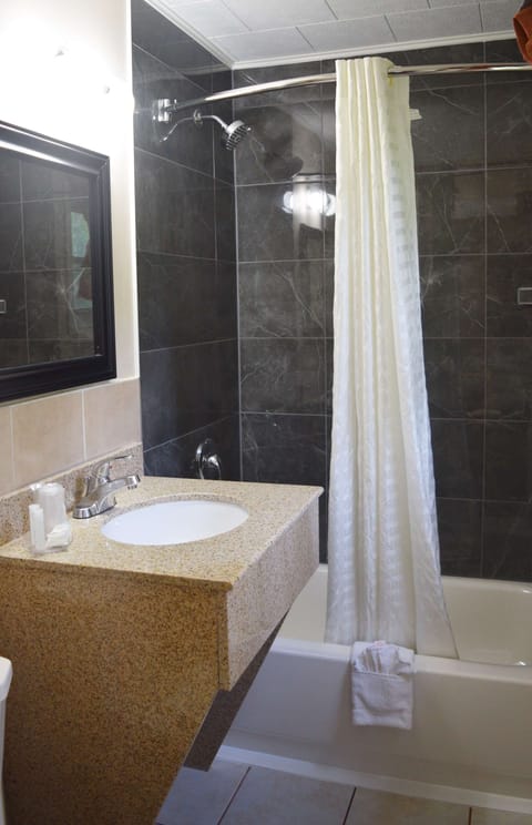 Combined shower/tub, free toiletries, towels