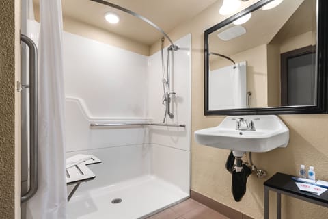 Combined shower/tub, free toiletries, hair dryer, towels