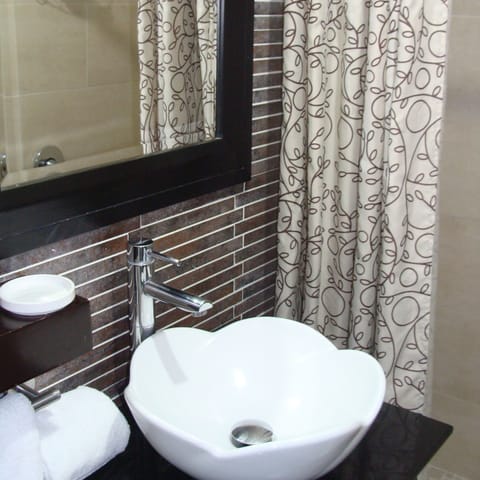 Double Room | Bathroom | Shower, hair dryer, towels, shampoo