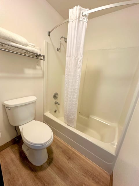 Combined shower/tub, free toiletries, towels