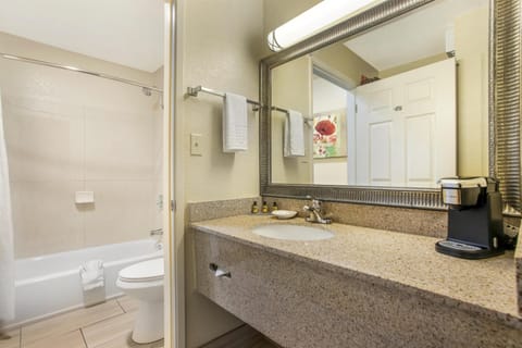 Combined shower/tub, free toiletries, hair dryer, towels