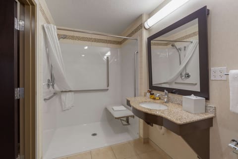 Combined shower/tub, free toiletries, hair dryer, bathrobes