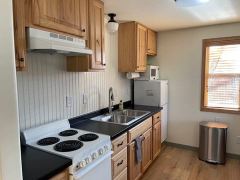 Cabin | Private kitchen | Fridge, microwave, oven, stovetop