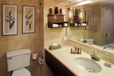 Combined shower/tub, deep soaking tub, free toiletries, hair dryer