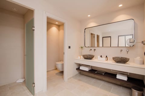 Shower, rainfall showerhead, free toiletries, hair dryer