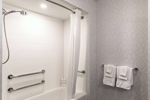 Combined shower/tub, free toiletries, towels