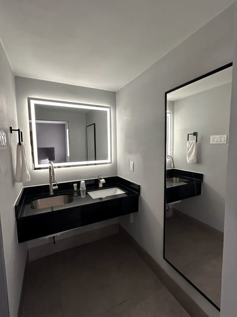 Bathtub, hair dryer, towels, soap