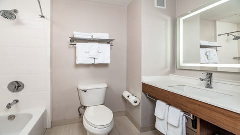 Combined shower/tub, free toiletries, hair dryer, towels