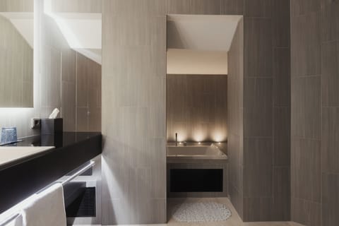 Sky Suite | Bathroom | Shower, rainfall showerhead, hair dryer, towels