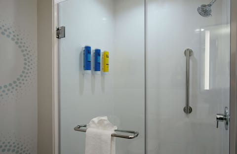 Hydromassage showerhead, free toiletries, towels, soap