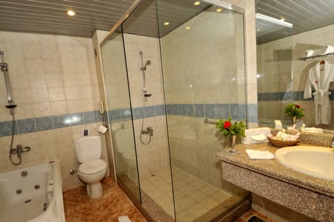 Combined shower/tub, spring water tub, designer toiletries, hair dryer